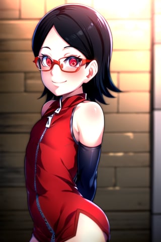 masterpiece, best quality, (solo:1.3),, (arms behind back:1.1),1girl, solo,tiny_breasts,
 glasses,red_eyes, bare shoulders, open jacket,zip  red dress,black cowboy shot,ruin, light smile ,looking at viewer,elbow_gloves,Saradauchiha,short_hair