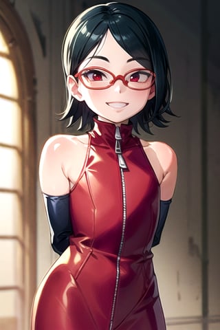 masterpiece, best quality, (solo:1.3),, (arms behind back:1.1),1girl, solo,tiny_breasts,
 glasses,red_eyes, bare shoulders, open jacket,zip  red dress,black cowboy shot,ruin, light smile ,looking at viewer,elbow_gloves,Saradauchiha,short_hair