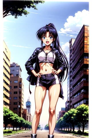 In a futuristic cityscape, Kamiya Kaoru stands out in her striking cyberpunk attire. The slender girl sports thick fitness legs and black long hair tied in a ponytail, with two thin locks framing her face over her ears. Her blue eyes sparkle as she shyly smiles, her open mouth inviting curiosity. Clad in a black cyberpunk coat, cargo pants, and boots, Kaoru's hands rest on her hip as she gazes to the side, exuding dynamic energy. The cityscape behind her serves as a vibrant backdrop for this stunning 4K, high-resolution image.