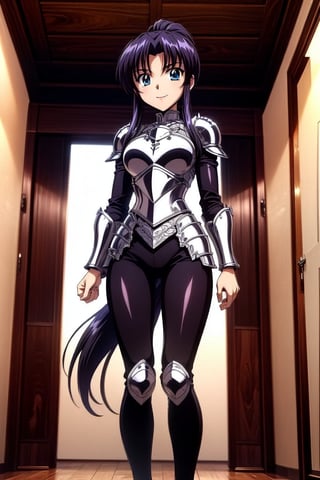 Kaimya kaoru 1996, 1girl, solo, slender girl, beautiful 20 year old anime girl with: athletic body, long legs, (proportioned female body,(The head should be about 1/8 of the total body height)), medium bust, blue eyes, black long hair tied in ponytail; wearing a knight armor, armor black pants; smiling shyly, blade in the hand; stop in half the castle. in knight pose; in high quality, ,Armor