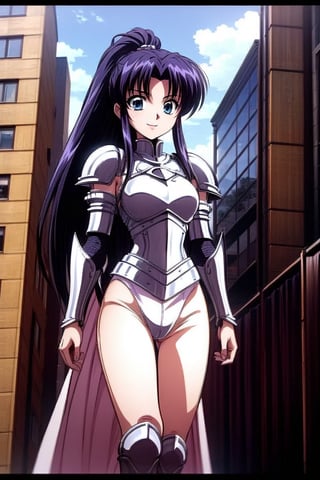 Kaimya kaoru 1996, 1girl, solo, slender girl, beautiful 20 year old anime girl with: athletic body, long legs, (proportioned female body,(The head should be about 1/8 of the total body height)), medium bust, blue eyes, black long hair tied in ponytail; wearing a knight armor, armor pants; smiling shyly, blade in the hand; stop in half the city. in knight pose; in high quality, ,Armor