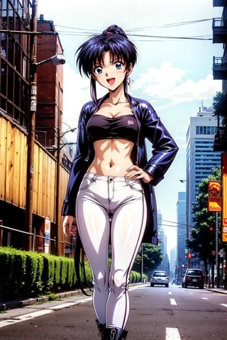 In a futuristic cityscape, Kamiya Kaoru stands out in her striking cyberpunk attire. The slender girl sports thick fitness legs and black long hair tied in a ponytail, with two thin locks framing her face over her ears. Her blue eyes sparkle as she shyly smiles, her open mouth inviting curiosity. Clad in a black cyberpunk coat, neon cyberpunk_ninja_pants, and boots, Kaoru's hands rest on her hip as she gazes to the side, exuding dynamic energy. The cityscape in the night behind her serves as a vibrant backdrop for this stunning 4K, high-resolution image.