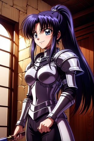 Kaimya kaoru 1996, 1girl, solo, slender girl, beautiful 20 year old anime girl with: athletic body, long legs, (proportioned female body,(The head should be about 1/8 of the total body height)), medium bust, blue eyes, black long hair tied in ponytail; wearing a knight armor, armor black pants; smiling shyly, blade in the hand; stop in half the castle. in knight pose; in high quality, ,Armor