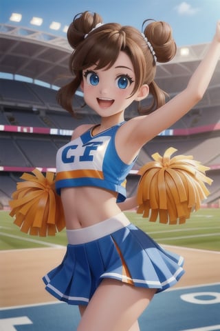 A cheerful anime-style cheerleader at a sports stadium, with brown hair in double buns, bright blue eyes, wearing a white and blue cheerleader outfit. The outfit includes a short skirt and a cropped top that reveals her midriff. She holds orange and white pom-poms, and is depicted with a dynamic, energetic pose, smiling and full of enthusiasm. The background shows a crowded stadium with blurred spectators and bright natural light.