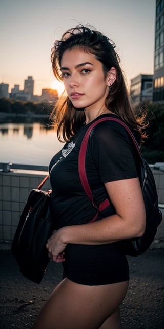 Alex Jones from 'Where Are We Going?' (1990s) stands firmly in the left half, clutching his iconic microphone and sporting a conspiratorial expression, as if unraveling secrets to an unseen audience. On the right side, Alex Mack's superhero alter ego radiates confidence, her eyes aglow with determination, trusty backpack at the ready. A warm, orange-tinged cityscape unfurls behind them, bathed in the golden light of sunset, subtly hinting at the turmoil and destruction that might lie ahead, reflecting the stark contrasts between their respective worlds.