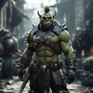 realistic image, of an Ork soldier, full body, with armor, green skin, well-formed face, cute looking,cyborg,monster