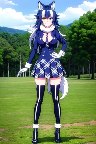 an SMD doll with a smile made  of shiny latex waving, long hair, wearing a pompous dress  made of polished latex, wearing very tight high-heeled boots, soles and heels made of polished latex, long, leafy forest in the background, grey_wolf, animal ears, wolf ears, long hair, heterochromia, white hair, wolf girl, wolf tail, tail, fur collar, long sleeves, necktie, gloves, large breasts, white gloves, skirt , thighhighs