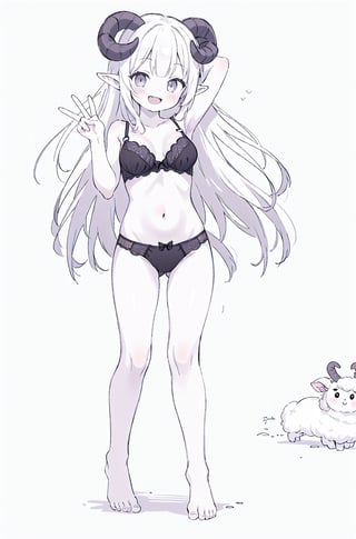 1girl, solo, long hair, breasts, looking at viewer, blush, smile, open mouth, simple background, white background, navel, medium breasts, very long hair, underwear, standing, panties, monochrome, full body, hand behind head, greyscale, horns, barefoot, pointy ears, bra, arm up, underwear only, bow panties, curled horns, sheep horns, sheep girl, peace sign