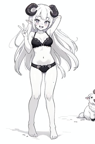 1girl, solo, long hair, breasts, looking at viewer, blush, smile, open mouth, simple background, white background, navel, medium breasts, very long hair, underwear, standing, panties, monochrome, full body, hand behind head, greyscale, horns, barefoot, pointy ears, bra, arm up, underwear only, bow panties, curled horns, sheep horns, sheep girl, peace sign