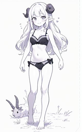 1girl, solo, long hair, breasts, looking at viewer, blush, smile, bangs, simple background, white background, bow, navel, cleavage, bare shoulders, medium breasts, very long hair, closed mouth, underwear, walking, collarbone, panties, monochrome, full body, greyscale, horns, barefoot, pointy ears, joy, bra, black panties, bare arms, bare legs, underwear only, black bra, bow panties, curled horns, sheep horns, grass