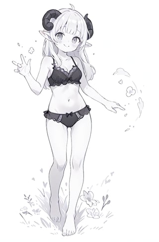 1girl, solo, long hair, breasts, looking at viewer, blush, smile, blunt bangs, simple background, white background, bow, navel, cleavage, bare shoulders, medium breasts, very long hair, closed mouth, underwear, standing, collarbone, panties, monochrome, full body, greyscale, horns, barefoot, pointy ears, hand up, bra, black panties, bare arms, bare legs, underwear only, black bra, bow panties, curled horns, sheep horns, grass, flowers