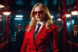 A dominant rich woman of german descent, beautiful blonde hair, perfect eyes, perfect beauty, wearing red executive suit and red gloves and sunglasses. She stands inside a mob club at night,  sadistic smile