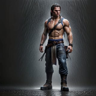 solo, simple background, white background, full body, shadow, what,3dcharacter,DonM3l3m3nt4l, Full body of a Man standing in the rain, muscular sweat lara croft, ,APEX colourful ,DonMD34thKn1gh7XL