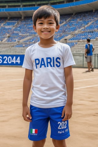 Cowboy shot of a Philippine boy with a small smile, with a white t-shirt (((With the text "PARIS 2024"))), and blue sports shorts, standing in a sports stadium, masterpiece, hdr, high resolution, best quality, masterpiece, photorealistic, photographic quality