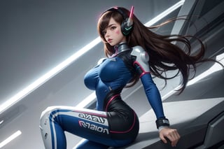 masterpiece, best quality, highres, aahana, long hair, brown hair, headphones, whisker markings, shoulder pads, huge breast, sensual body, slim waist, sensual legs, sensual ass, submissive look, torn blue bodysuit, torn ribbed bodysuit, animal print, clothes writing, long sleeves, white gloves, standing, cyberpunk. headphone.