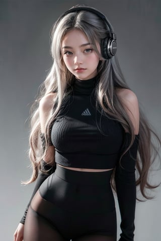 warm light room Beautiful woman with silver long hair against a grey background.over-the-ear headphones Smile,black tights top,Girl