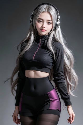 warm light room Beautiful woman with silver long hair against a grey background.over-the-ear headphones Smile,black tights top,Girl