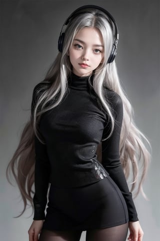 warm light room Beautiful woman with silver long hair against a grey background.over-the-ear headphones Smile,black tights top,Girl