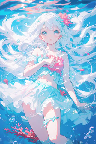 (masterpiece:1.0), (highest quality:1.12), (HDR:1.0), a girl, white long hair, close eyes, full body, beautiful body, dancing, Floating in the water, illustration, cover art, (black:1.2), (portrait), coral background, splash, (Mermaid:0.7) ,noc-mgptcls