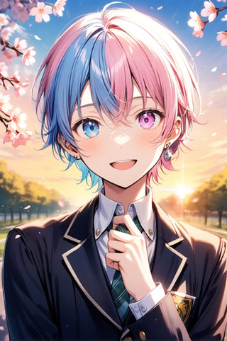 1boy, solo, looking at viewer, smile, short hair, bangs, pink hair, hair between eyes, open mouth, blue eyes, blue hair, male focus,  two-tone hair, pink eyes, heterochromia, portrait, split-color hair, whole body, silver earring, 
wear school uniform, cherry blossoms, school, 
sunset, lens flare, Front-facing,