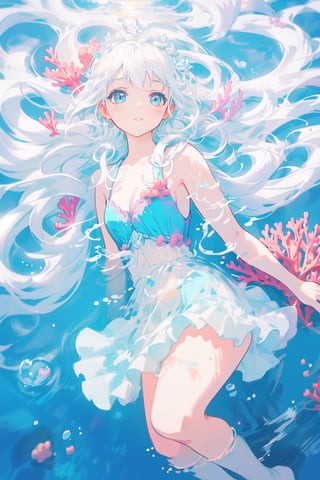 (masterpiece:1.0), (highest quality:1.12), (HDR:1.0), a girl, white long hair, close eyes, full body, beautiful body, dancing, Floating in the water, illustration, cover art, (black:1.2), (portrait), coral background, splash, (Mermaid:0.7) ,noc-mgptcls