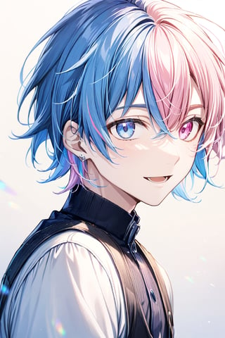 1boy, solo, looking at viewer, smile, short hair, bangs, pink hair, hair between eyes, open mouth, blue eyes, blue hair, male focus,  two-tone hair, pink eyes, heterochromia, portrait, split-color hair, upper body, silver earring, lens flare, 