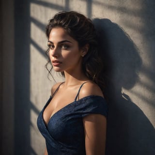 high quality, 8K Ultra HD, hyper-realistic full body portrait of a captivating latina woman, captivating look. The woman is portrayed in a moonlit setting, her features bathed in a soft, diffused glow that accentuates the delicate nuances of her expression and elegant curved body. The scene features a latina female, leaning against a wall with her arms raised, eyes closed in a moment of raw emotion. Her attire is minimal, accentuating the curves of her elegant slim body and the dramatic shadows cast by the lighting. The background is stark, with sharp contrasts highlighting the contours of her form. The blue and black palette intensifies the mood, evoking a sense of mystery and allure. Subtle film grain and meticulous shading add depth and texture, emphasizing the emotional gravity of the scene. The lighting creates a chiaroscuro effect, accentuating her expressive pose and the intense atmosphere, 1girl, full body, beautiful girl, detailed cute face, cute eyes, detailed lips, highly de