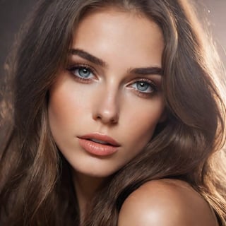 Close-up of a beautiful young woman, elegant long hair, with ambient light from the side, thin lips with gloss, fertile, sultry expression, hazy dreamy eyes, eye lids, blushing, half open mouth, biting lip, light makeup, warm, moist, oily complexion, fog and smoke