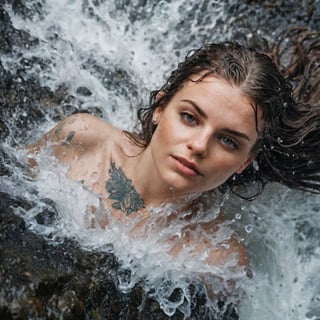 Macro portrait, top-down view, woman aged twenty-five years, tattooed, wet hair, in a waterfall, water, drops, splash