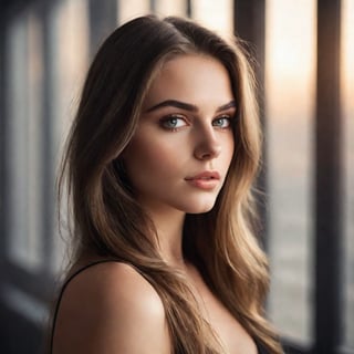 Close-up of a beautiful young woman, elegant long hair, with ambient light from the side, thin lips with gloss, fertile, sultry expression, hazy dreamy eyes, eye lids, blushing, half open mouth, biting lip, light makeup, warm, moist, oily complexion, fog and smoke