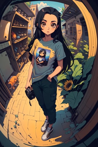 masterpiece, best quality, 1girl, solo, mature female, black hair, long hair, straight hair, forehead, brown eyes, shirt, short sleeve, pants, shoes, standing, outside, (fisheye lens):1.4, girl,tshee00d,vector style