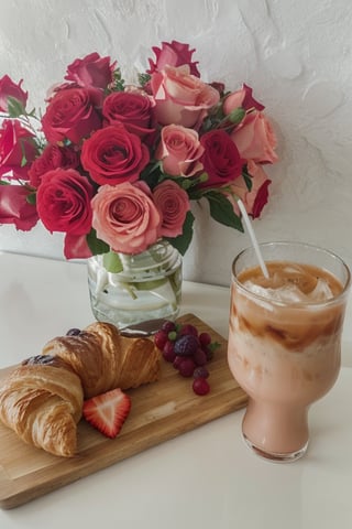 Create a cozy still life composition featuring a bouquet of pink roses in a white vase, a glass of iced coffee with a metal straw, and a flaky croissant on a wooden cutting board alongside sliced fruit and berries. Include a small jar of jam and an elegant white wall as the backdrop. The scene should evoke a sense of leisurely morning indulgence and the simple pleasures of life