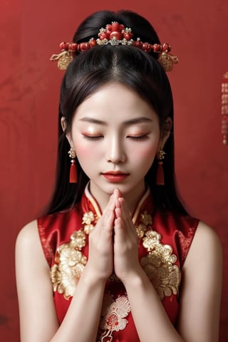 A Chinese ancient beauty is praying, with hands clasped together, eyes closed in silence, wearing a solemn yet beautiful expression, Red Background