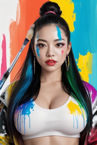 In this lighthearted portrait, a woman is dressed as a fierce warrior, armed with an arsenal of paintbrushes and palette knives. Her war paint is composed of thick, vibrant strokes of color, and her armor is made of paint tubes and paint-splattered canvases. She stands victoriously atop a mountain of conquered blank canvases, with a beautiful, colorful landscape behind her, symbolizing the power of art and creativity. bust Portrait, close-up, Bright and transparent scene lighting