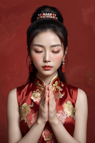 A Chinese ancient beauty is praying, with hands clasped together, eyes closed in silence, wearing a solemn yet beautiful expression, Red Background