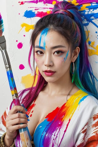 In this lighthearted portrait, a woman is dressed as a fierce warrior, armed with an arsenal of paintbrushes and palette knives. Her war paint is composed of thick, vibrant strokes of color, and her armor is made of paint tubes and paint-splattered canvases. She stands victoriously atop a mountain of conquered blank canvases, with a beautiful, colorful landscape behind her, symbolizing the power of art and creativity. bust Portrait, close-up, Bright and transparent scene lighting