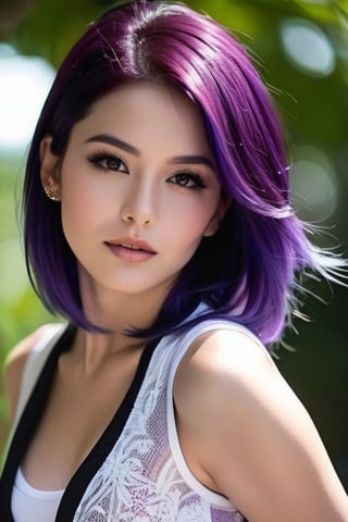 ,her vibrant purple hair styled in a dynamic swoop framing her radiant face. She wears a fitted, high-neckline vest that showcases her toned physique, paired with a daringly short miniskirt that accentuates her flawless body proportions. Her breasts are perfectly proportioned and noticeable without being explicit. The camera captures the subtle details of her facial features, highlighting her striking beauty as she strikes a confident pose, exuding an air of mastery in this stunning visual masterpiece.,Expressiveh,More Reasonable Details