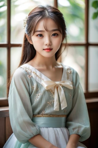 A stunning image of a young Korean girl, featuring a peerless childlike face with a sweet, innocent expression. The subject's facial features are delicate and refined, with a subtle glow from natural light that accentuates the texture of her skin. Her bright, exquisite eyes sparkle with charm, proportionate to her well-defined eyebrows and eyelashes. Framed against a blurred background, the girl sits or stands in a relaxed pose, exuding a sense of purity and youthful beauty. The overall atmosphere is serene and soft, reminiscent of a film photo.