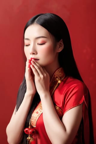 A Chinese ancient beauty is praying, with hands clasped together, eyes closed in silence, wearing a solemn yet beautiful expression, Red Background