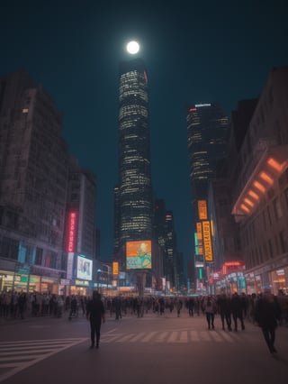 A beautiful girl, A futuristic cityscape at night with towering skyscrapers adorned with neon lights, bustling streets with flying cars and holographic advertisements, dark sky illuminated by a full moon and stars, a lively and vibrant atmosphere full of energy and excitement, Photography, captured with a high-resolution camera with a wide-angle lens, --ar 16:9 --v 5