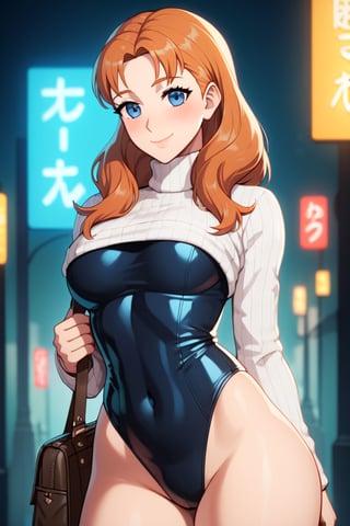 looking at viewer, 1 girl, alone, long hair, looking at viewer, blush, smile, bangs, small breasts, wide hips, long sleeves, tall girl, blue eyes, closed mouth, standing, orange hair, thighs, cowboy shot, bag, sweater, leotard, covered navel, turtleneck, high leg, black leotard, high leg leotard, under bust, white sweater, (((neon theme))), dark theme, vivid color, masterpiece, best quality, amazing quality , very aesthetic, absurd, depth of field, score_9, score_8, score_7, score_6, Annette Fantine Dominic \(fire emblem three houses\), big ass