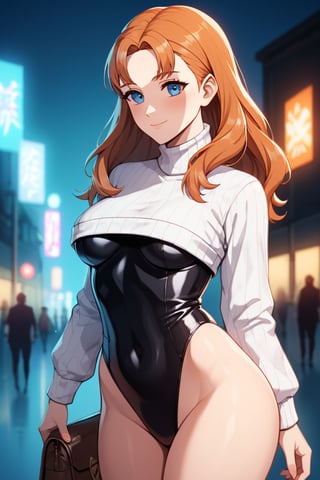 looking at viewer, 1 girl, alone, long hair, looking at viewer, blush, smile, bangs, small breasts, wide hips, long sleeves, tall girl, blue eyes, closed mouth, standing, orange hair, thighs, cowboy shot, bag, sweater, leotard, covered navel, turtleneck, high leg, black leotard, high leg leotard, under bust, white sweater, (((neon theme))), dark theme, vivid color, masterpiece, best quality, amazing quality , very aesthetic, absurd, depth of field, score_9, score_8, score_7, score_6, Annette Fantine Dominic \(fire emblem three houses\), big ass