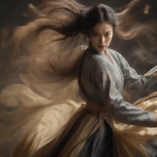 A masterpiece of photorealistic artistry captures two stunning 21-year-old girls with traditional Chinese hairstyles, their long black hair blowing gently in the wind as they stand side by side, surrounded by a serene ancient Chinese city street. One girl, dressed in a light blue skirt and bellyband, holds a Chinese sword while wearing a ponytail and swinging her weapon in precise martial arts moves, such as lunges and jumps. Her opponent, similarly attired, wields a sword with finesse, their movements clearly visible through the use of a wide-angle lens and movie-like photography. The girls' features are flawlessly rendered, showcasing thin yet athletic physiques, pink lips, long eyelashes, and large eyes that seem to pierce through the image. The background, a blurred mixture of Chinese architecture and lush greenery, serves as a stunning contrast to the vibrant colors of the subject's hair accessories and the flowing ink-like smoke that surrounds them.