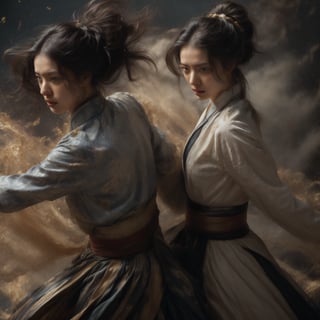 A masterpiece of photorealistic artistry captures two stunning 21-year-old girls with traditional Chinese hairstyles, their long black hair blowing gently in the wind as they stand side by side, surrounded by a serene ancient Chinese city street. One girl, dressed in a light blue skirt and bellyband, holds a Chinese sword while wearing a ponytail and swinging her weapon in precise martial arts moves, such as lunges and jumps. Her opponent, similarly attired, wields a sword with finesse, their movements clearly visible through the use of a wide-angle lens and movie-like photography. The girls' features are flawlessly rendered, showcasing thin yet athletic physiques, pink lips, long eyelashes, and large eyes that seem to pierce through the image. The background, a blurred mixture of Chinese architecture and lush greenery, serves as a stunning contrast to the vibrant colors of the subject's hair accessories and the flowing ink-like smoke that surrounds them.