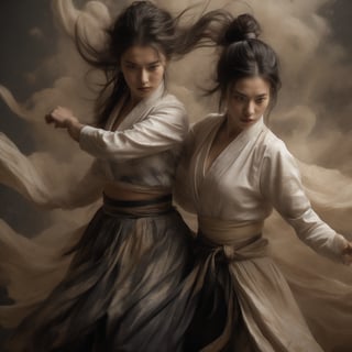 A masterpiece of photorealistic artistry captures two stunning 21-year-old girls with traditional Chinese hairstyles, their long black hair blowing gently in the wind as they stand side by side, surrounded by a serene ancient Chinese city street. One girl, dressed in a light blue skirt and bellyband, holds a Chinese sword while wearing a ponytail and swinging her weapon in precise martial arts moves, such as lunges and jumps. Her opponent, similarly attired, wields a sword with finesse, their movements clearly visible through the use of a wide-angle lens and movie-like photography. The girls' features are flawlessly rendered, showcasing thin yet athletic physiques, pink lips, long eyelashes, and large eyes that seem to pierce through the image. The background, a blurred mixture of Chinese architecture and lush greenery, serves as a stunning contrast to the vibrant colors of the subject's hair accessories and the flowing ink-like smoke that surrounds them.