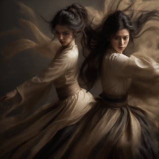 A masterpiece of photorealistic artistry captures two stunning 21-year-old girls with traditional Chinese hairstyles, their long black hair blowing gently in the wind as they stand side by side, surrounded by a serene ancient Chinese city street. One girl, dressed in a light blue skirt and bellyband, holds a Chinese sword while wearing a ponytail and swinging her weapon in precise martial arts moves, such as lunges and jumps. Her opponent, similarly attired, wields a sword with finesse, their movements clearly visible through the use of a wide-angle lens and movie-like photography. The girls' features are flawlessly rendered, showcasing thin yet athletic physiques, pink lips, long eyelashes, and large eyes that seem to pierce through the image. The background, a blurred mixture of Chinese architecture and lush greenery, serves as a stunning contrast to the vibrant colors of the subject's hair accessories and the flowing ink-like smoke that surrounds them.