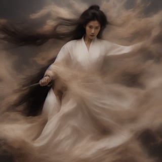 A masterpiece of photorealistic artistry captures two stunning 21-year-old girls with traditional Chinese hairstyles, their long black hair blowing gently in the wind as they stand side by side, surrounded by a serene ancient Chinese city street. One girl, dressed in a light blue skirt and bellyband, holds a Chinese sword while wearing a ponytail and swinging her weapon in precise martial arts moves, such as lunges and jumps. Her opponent, similarly attired, wields a sword with finesse, their movements clearly visible through the use of a wide-angle lens and movie-like photography. The girls' features are flawlessly rendered, showcasing thin yet athletic physiques, pink lips, long eyelashes, and large eyes that seem to pierce through the image. The background, a blurred mixture of Chinese architecture and lush greenery, serves as a stunning contrast to the vibrant colors of the subject's hair accessories and the flowing ink-like smoke that surrounds them.