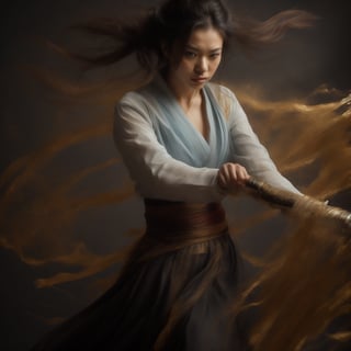 A masterpiece of photorealistic artistry captures two stunning 21-year-old girls with traditional Chinese hairstyles, their long black hair blowing gently in the wind as they stand side by side, surrounded by a serene ancient Chinese city street. One girl, dressed in a light blue skirt and bellyband, holds a Chinese sword while wearing a ponytail and swinging her weapon in precise martial arts moves, such as lunges and jumps. Her opponent, similarly attired, wields a sword with finesse, their movements clearly visible through the use of a wide-angle lens and movie-like photography. The girls' features are flawlessly rendered, showcasing thin yet athletic physiques, pink lips, long eyelashes, and large eyes that seem to pierce through the image. The background, a blurred mixture of Chinese architecture and lush greenery, serves as a stunning contrast to the vibrant colors of the subject's hair accessories and the flowing ink-like smoke that surrounds them.