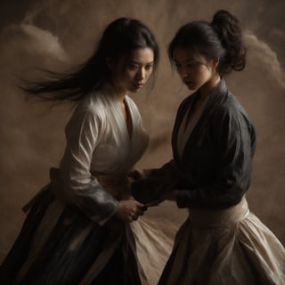 A masterpiece of photorealistic artistry captures two stunning 21-year-old girls with traditional Chinese hairstyles, their long black hair blowing gently in the wind as they stand side by side, surrounded by a serene ancient Chinese city street. One girl, dressed in a light blue skirt and bellyband, holds a Chinese sword while wearing a ponytail and swinging her weapon in precise martial arts moves, such as lunges and jumps. Her opponent, similarly attired, wields a sword with finesse, their movements clearly visible through the use of a wide-angle lens and movie-like photography. The girls' features are flawlessly rendered, showcasing thin yet athletic physiques, pink lips, long eyelashes, and large eyes that seem to pierce through the image. The background, a blurred mixture of Chinese architecture and lush greenery, serves as a stunning contrast to the vibrant colors of the subject's hair accessories and the flowing ink-like smoke that surrounds them.