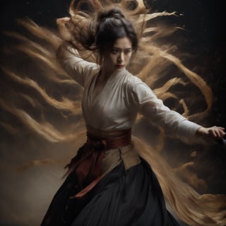 A masterpiece of photorealistic artistry captures two stunning 21-year-old girls with traditional Chinese hairstyles, their long black hair blowing gently in the wind as they stand side by side, surrounded by a serene ancient Chinese city street. One girl, dressed in a light blue skirt and bellyband, holds a Chinese sword while wearing a ponytail and swinging her weapon in precise martial arts moves, such as lunges and jumps. Her opponent, similarly attired, wields a sword with finesse, their movements clearly visible through the use of a wide-angle lens and movie-like photography. The girls' features are flawlessly rendered, showcasing thin yet athletic physiques, pink lips, long eyelashes, and large eyes that seem to pierce through the image. The background, a blurred mixture of Chinese architecture and lush greenery, serves as a stunning contrast to the vibrant colors of the subject's hair accessories and the flowing ink-like smoke that surrounds them.